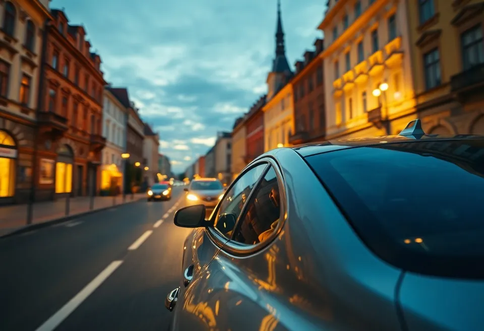 Jazda przez miasto o zmierzchu, światła odbite w mokrym asfalcie